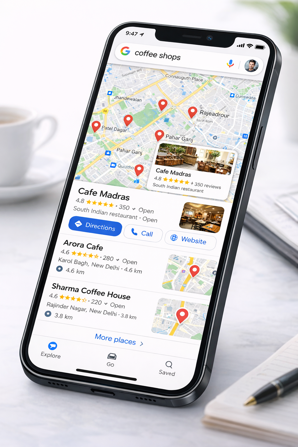 Mockup of a phone showing Google Maps search results for coffee shops, demonstrating GMB optimization.